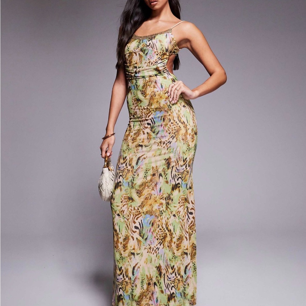 Tiger Mist Green Multi-Print Spaghetti Strap Maxi Dress